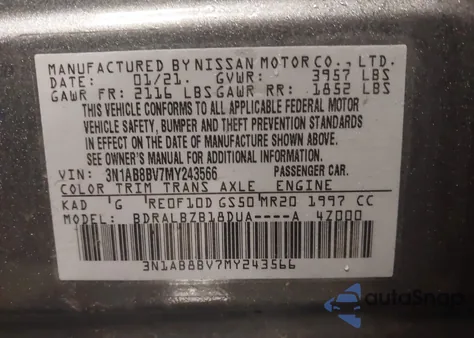 2021 Nissan Sentra S Xtronic Cvt z USA, uszkodzony, nr VIN 3N1AB8BV7MY243566